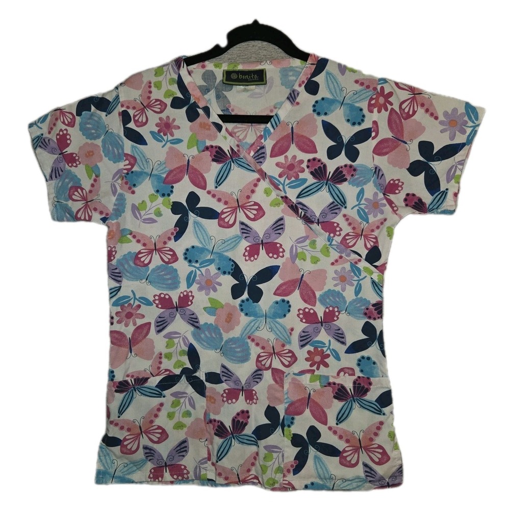 Bonita Scrubs Size Small Vibrant Butterflies Medical Uniform Nurse Vet Tech Top